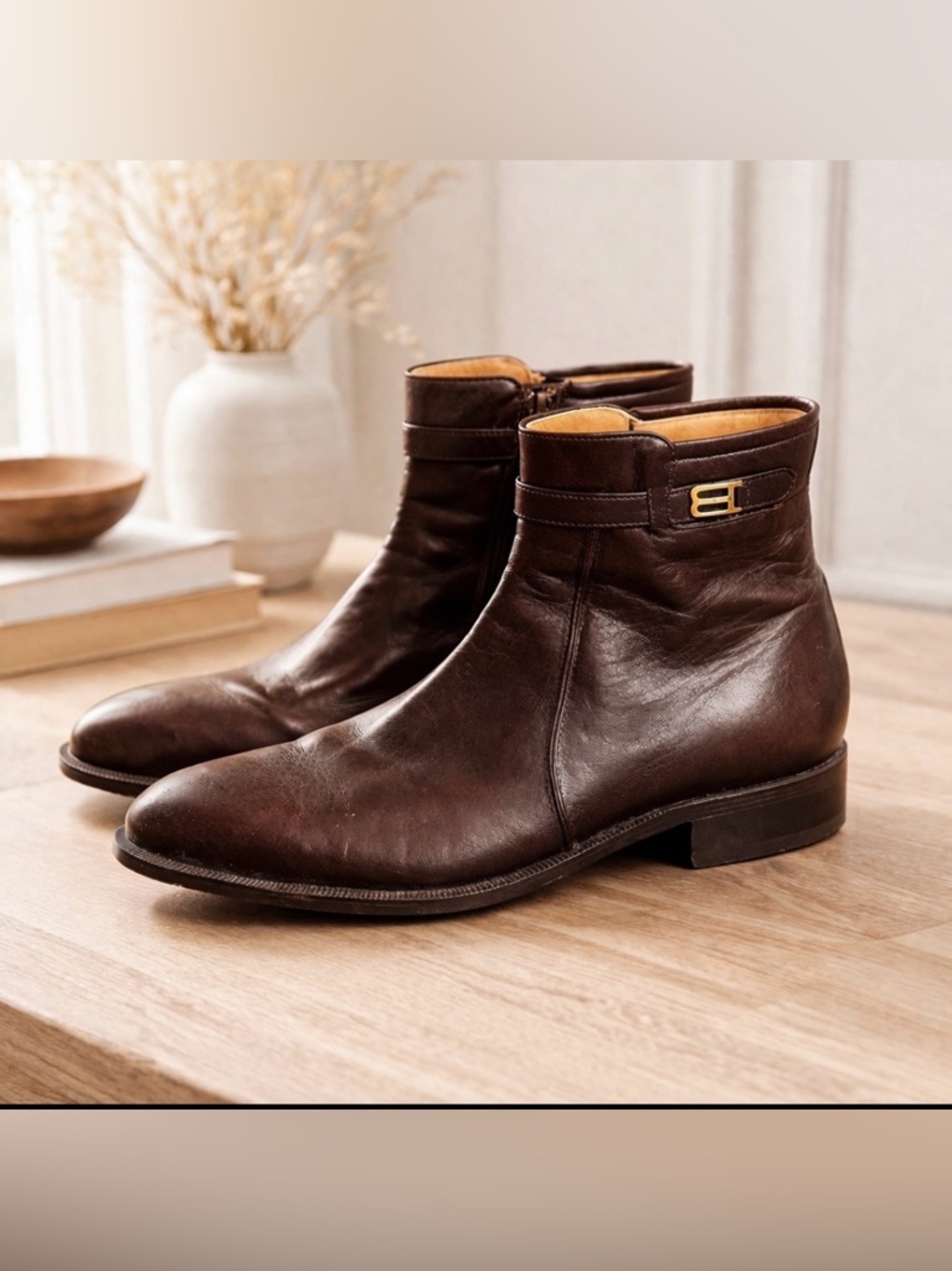 Bally Brown Leather Ankle Rudy Boots with Golden Buckle size 8.5